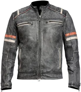 CHAYELL Men's Cafe Racer Lambskin Leather Jacket  Vintage Distressed Motorcycle Biker Style, Black, X-Large