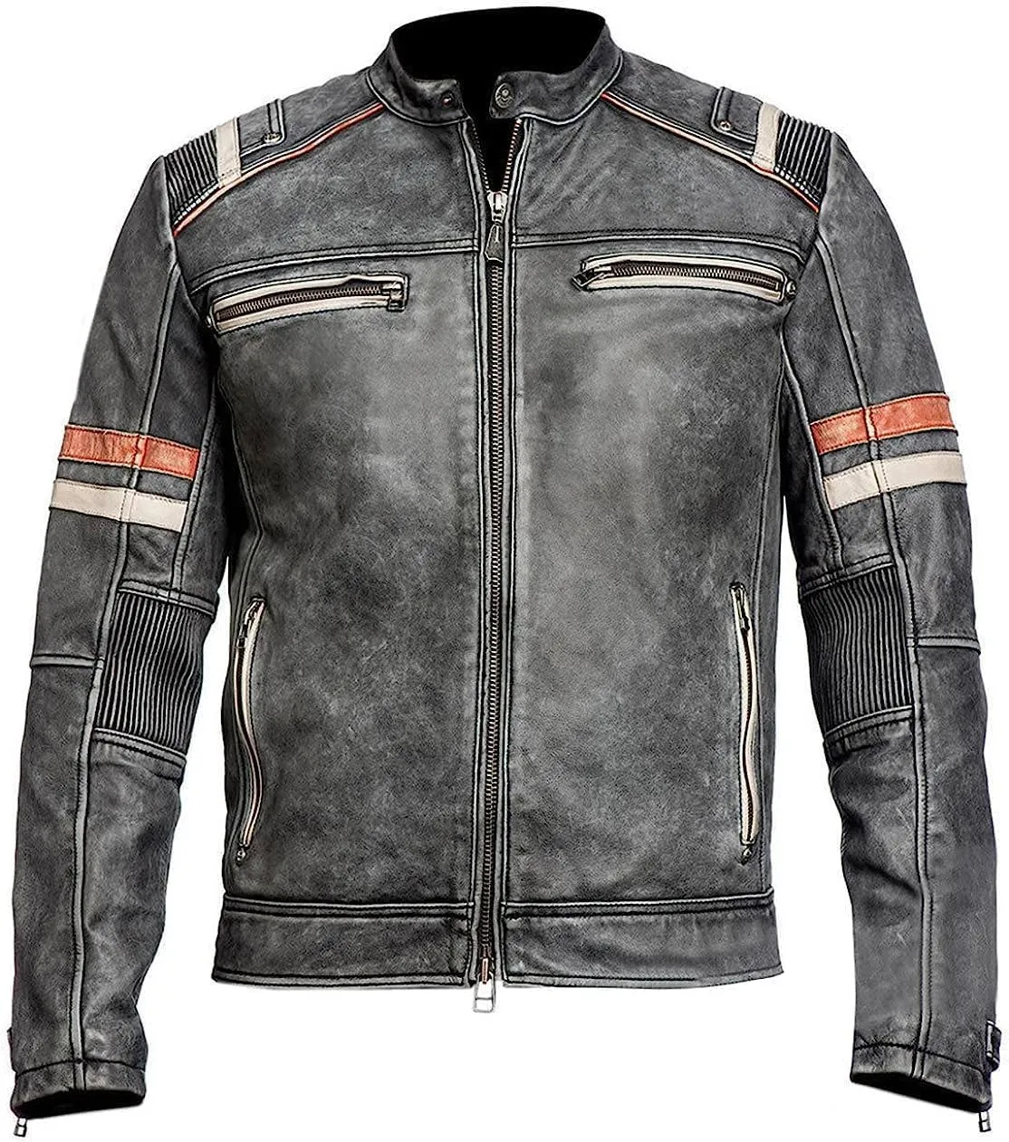 CHAYELL Men's Cafe Racer Lambskin Leather Jacket  Vintage Distressed Motorcycle Biker Style, Black, X-Large