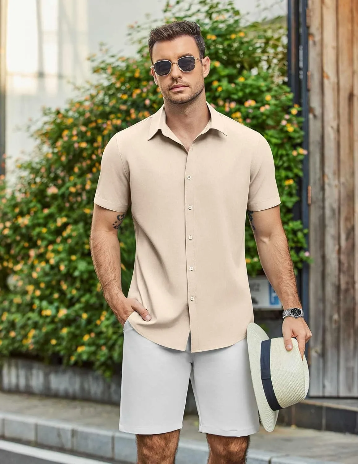COOFANDY Mens Casual Shirts Short Sleeve Button Down Shirt Wrinkle Free Summer Shirt