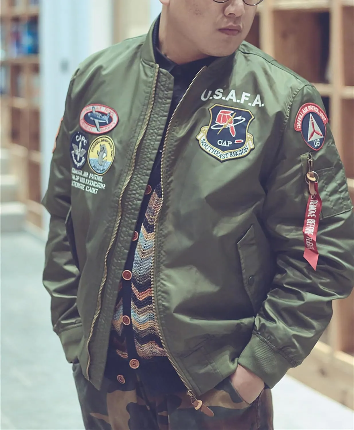 CORIRESHA Men's MA-1 Bomber Jacket Embroidery Patches Biker Military Air Force Jacket
