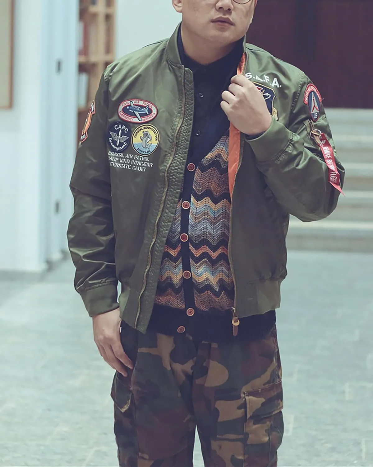 CORIRESHA Men's MA-1 Bomber Jacket Embroidery Patches Biker Military Air Force Jacket