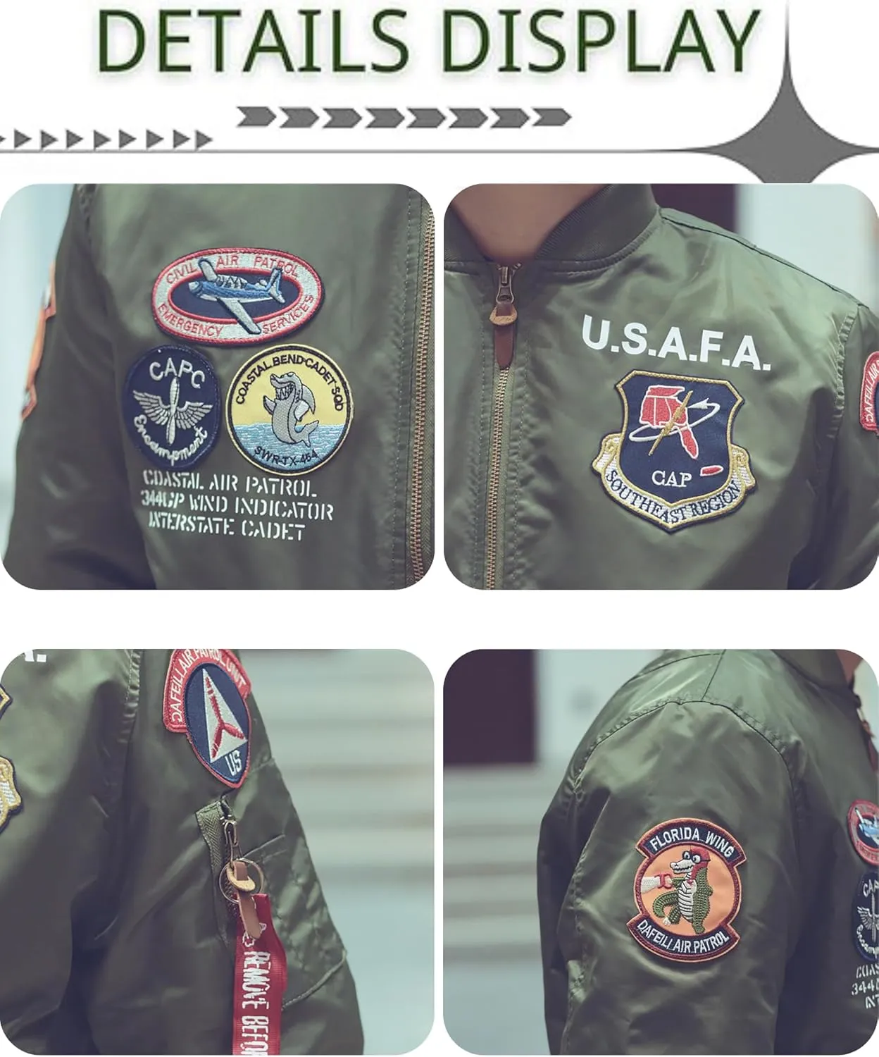CORIRESHA Men's MA-1 Bomber Jacket Embroidery Patches Biker Military Air Force Jacket