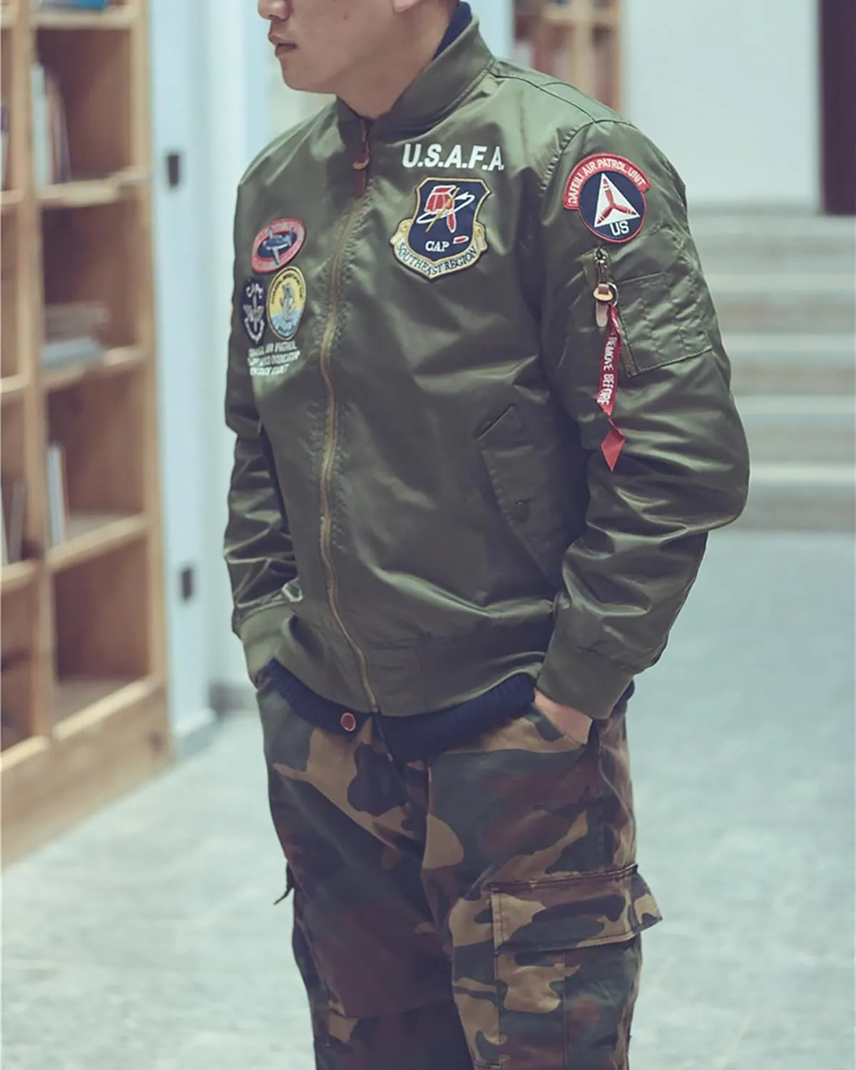 CORIRESHA Men's MA-1 Bomber Jacket Embroidery Patches Biker Military Air Force Jacket