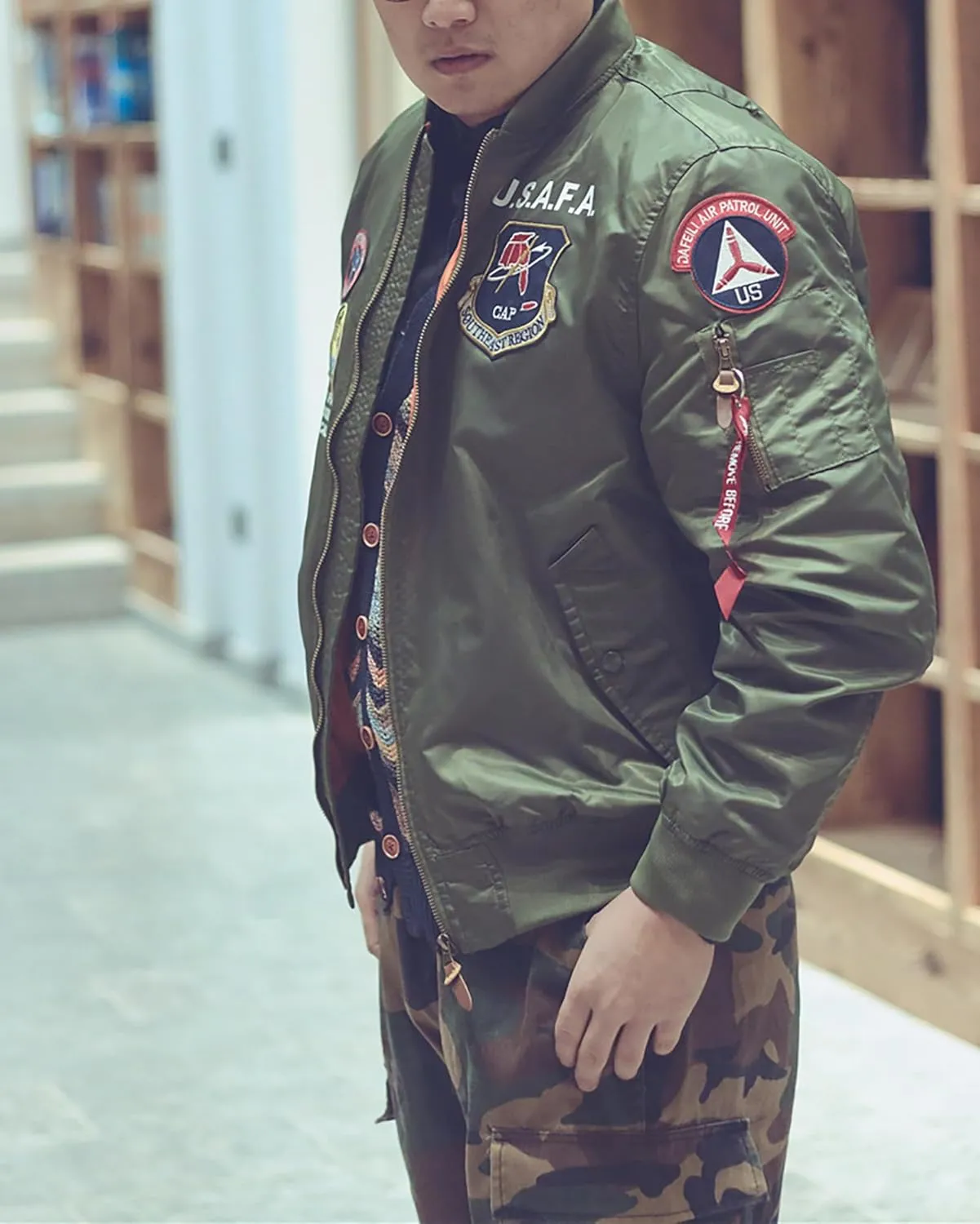 CORIRESHA Men's MA-1 Bomber Jacket Embroidery Patches Biker Military Air Force Jacket