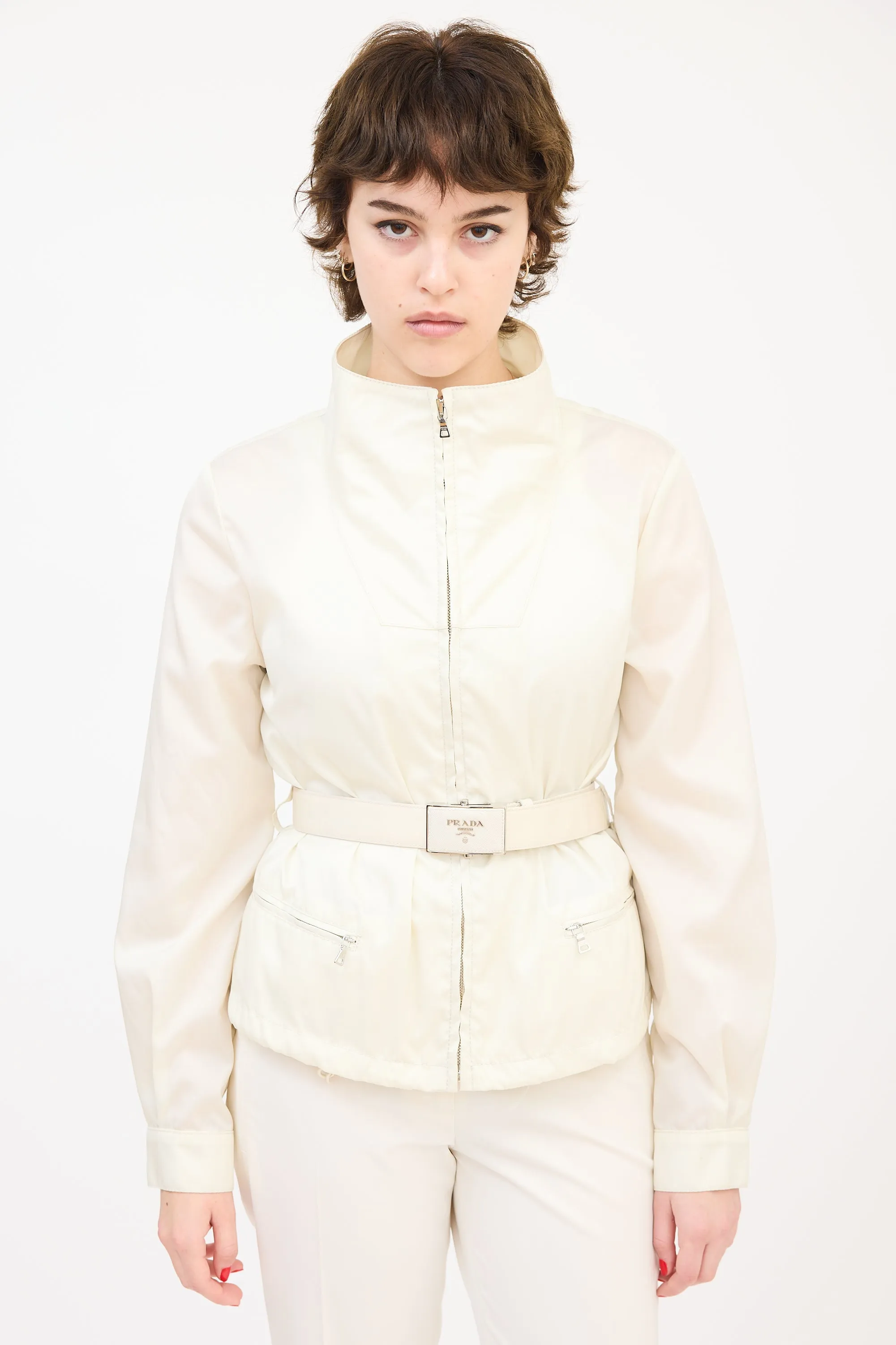 Cream Nylon Belted Zip Jacket