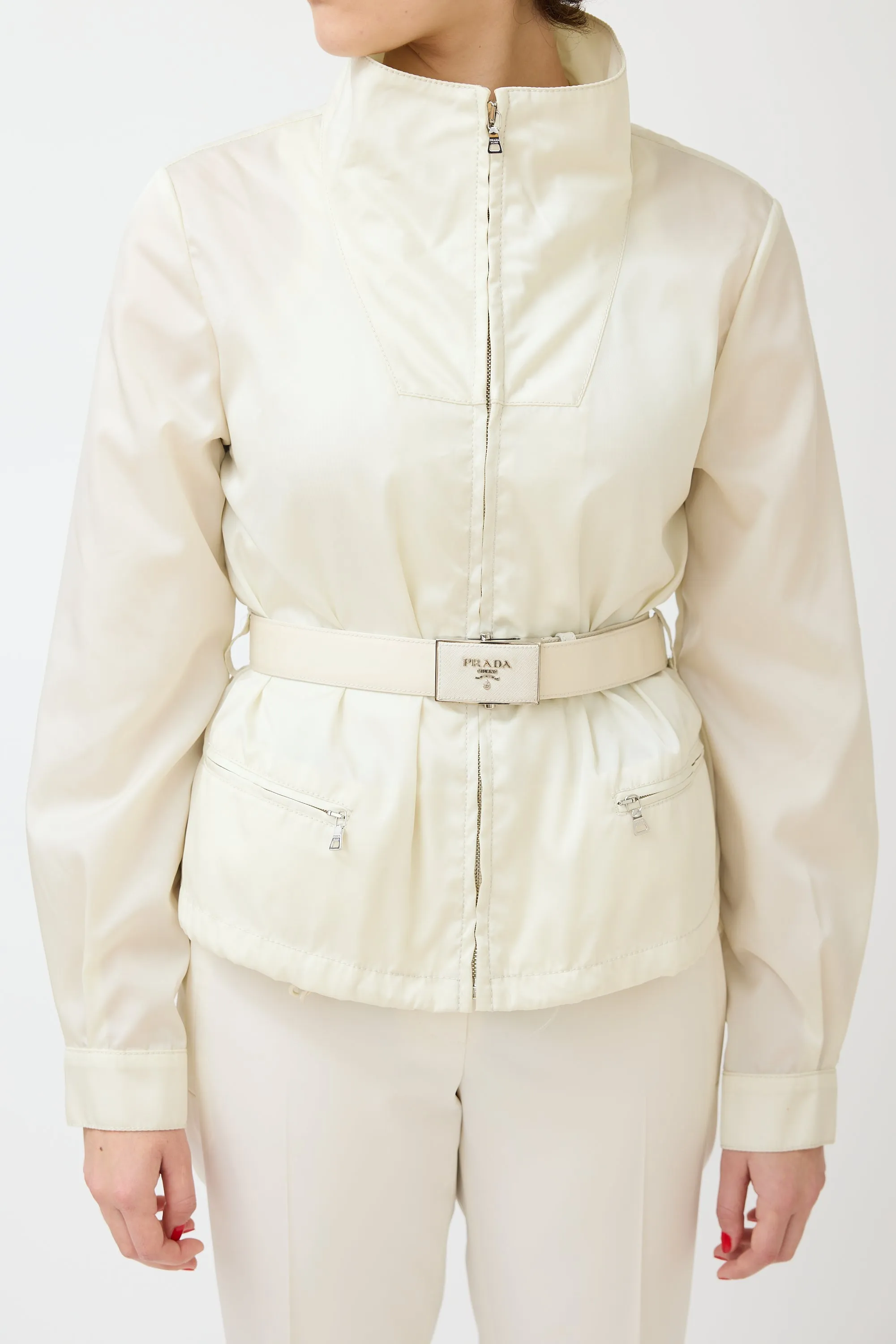 Cream Nylon Belted Zip Jacket