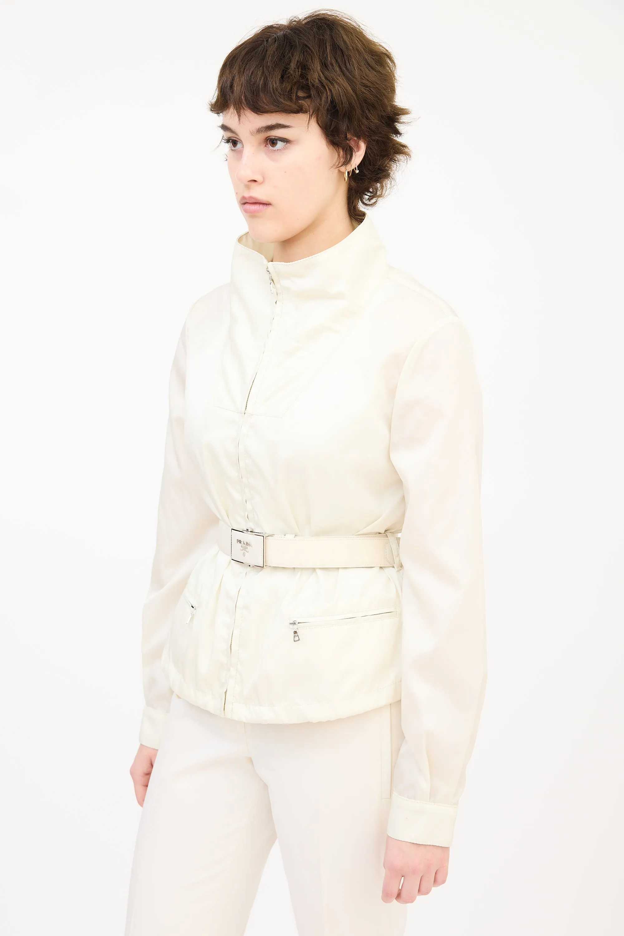 Cream Nylon Belted Zip Jacket