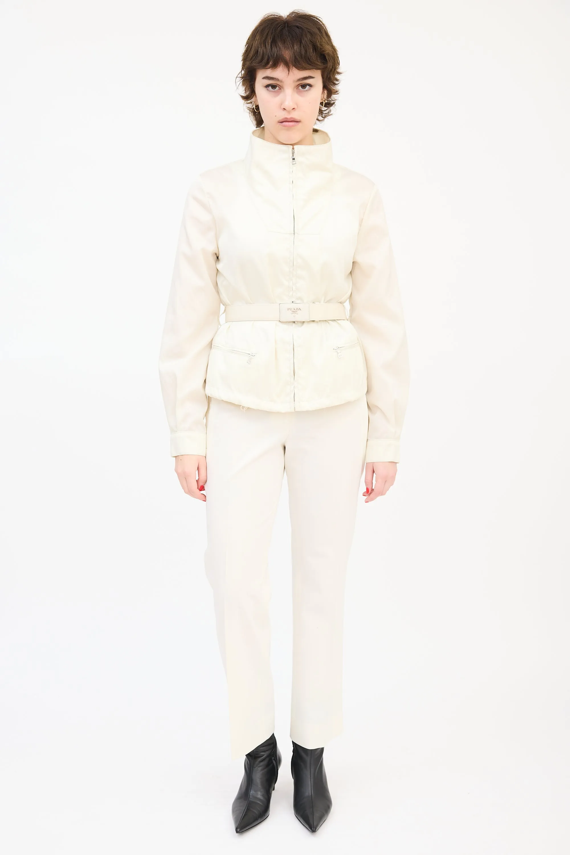 Cream Nylon Belted Zip Jacket