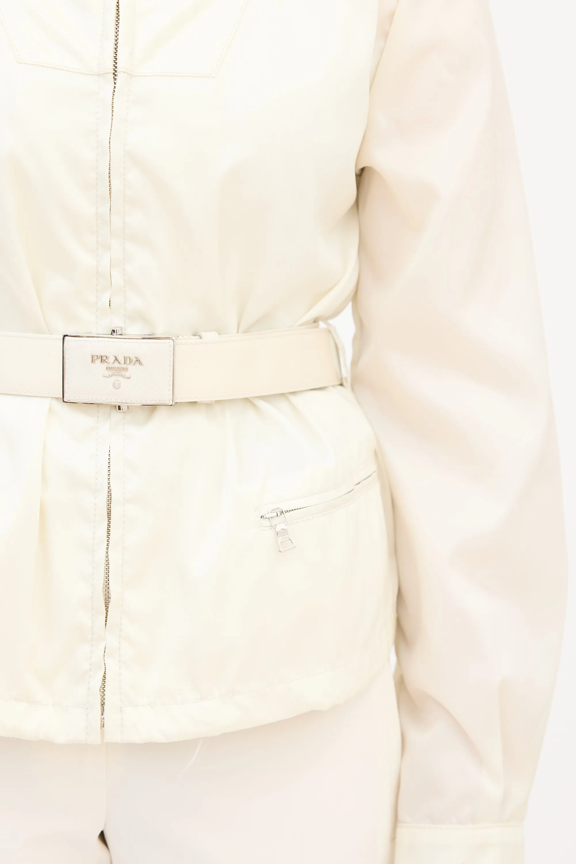 Cream Nylon Belted Zip Jacket