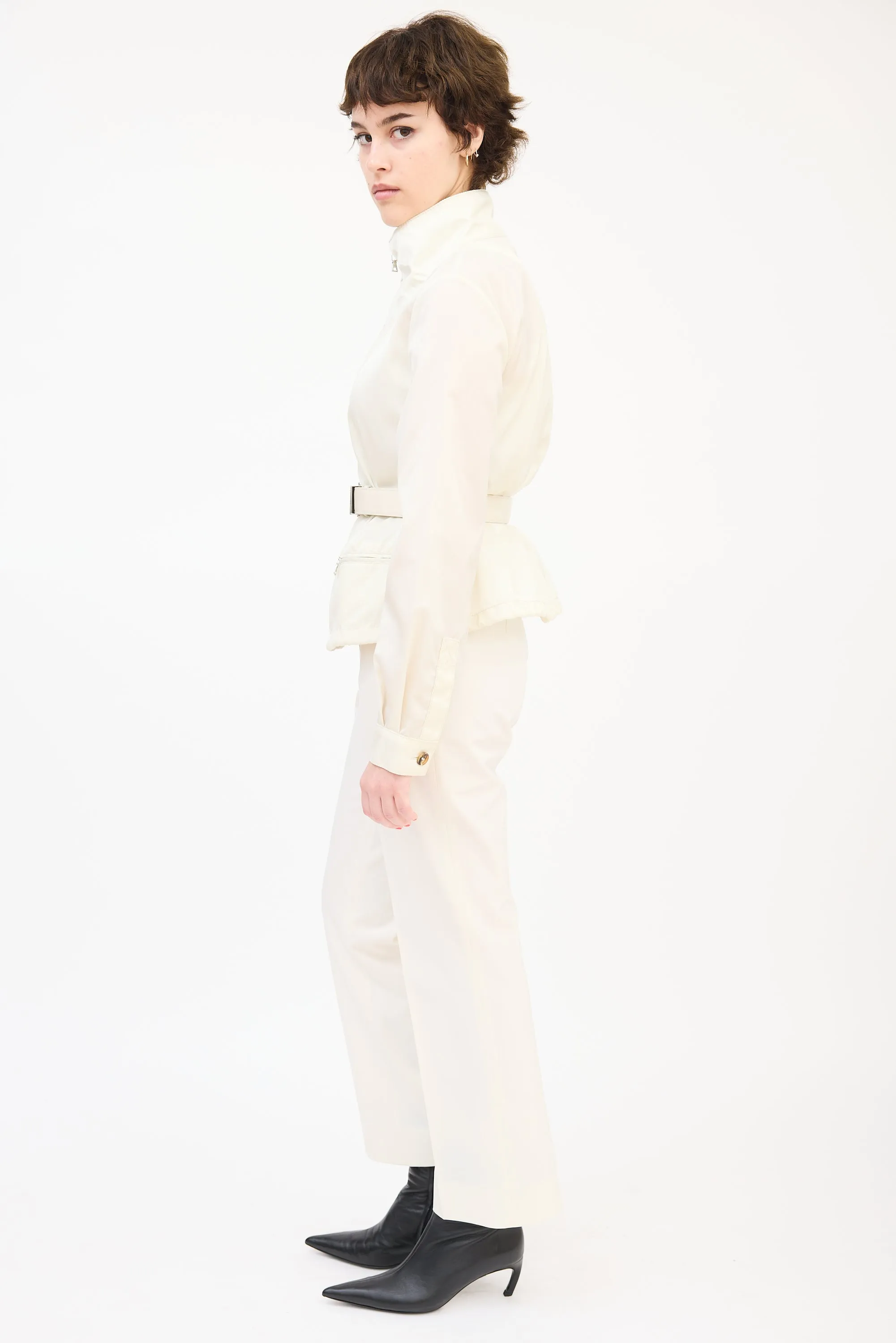 Cream Nylon Belted Zip Jacket
