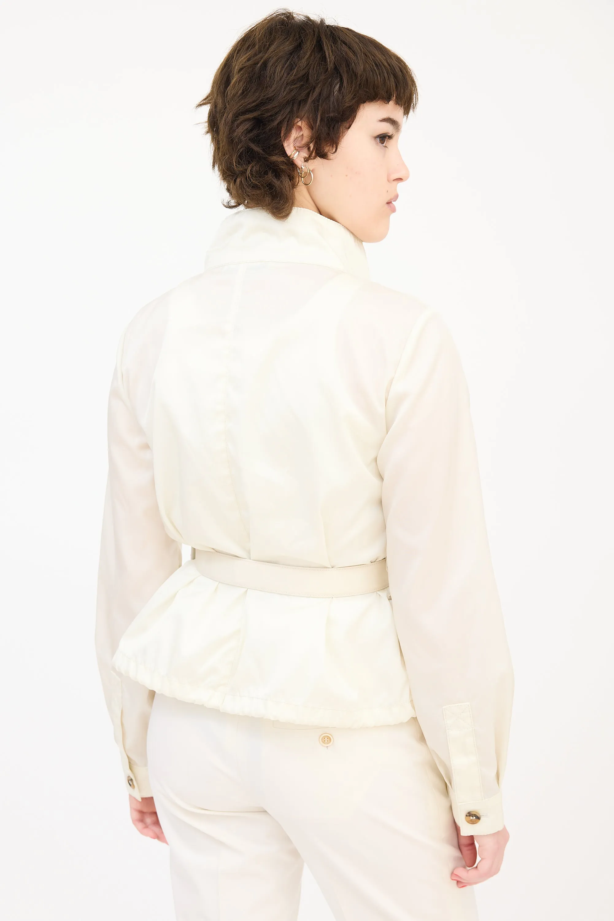 Cream Nylon Belted Zip Jacket