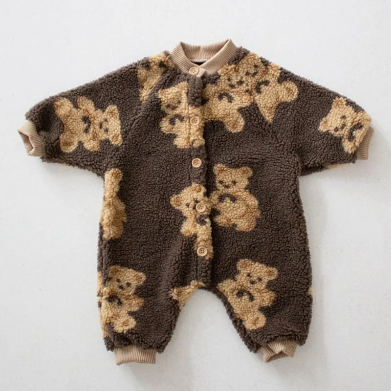 Cute Brown Bear Plush Sherpa Baby Romper