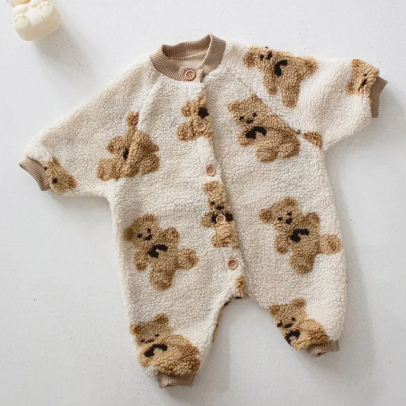 Cute Brown Bear Plush Sherpa Baby Romper