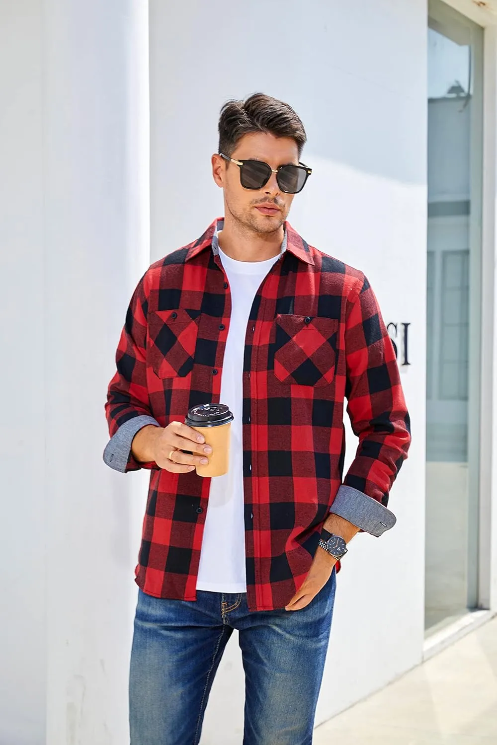 Damipow Premium Mens Flannel Shirt Long Sleeve Button Down Plaid Flannel Shirt