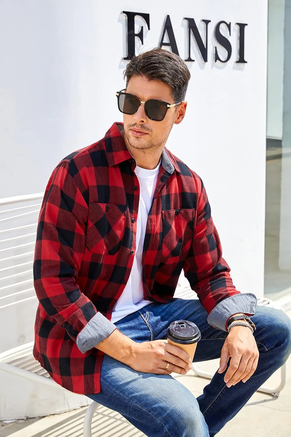Damipow Premium Mens Flannel Shirt Long Sleeve Button Down Plaid Flannel Shirt