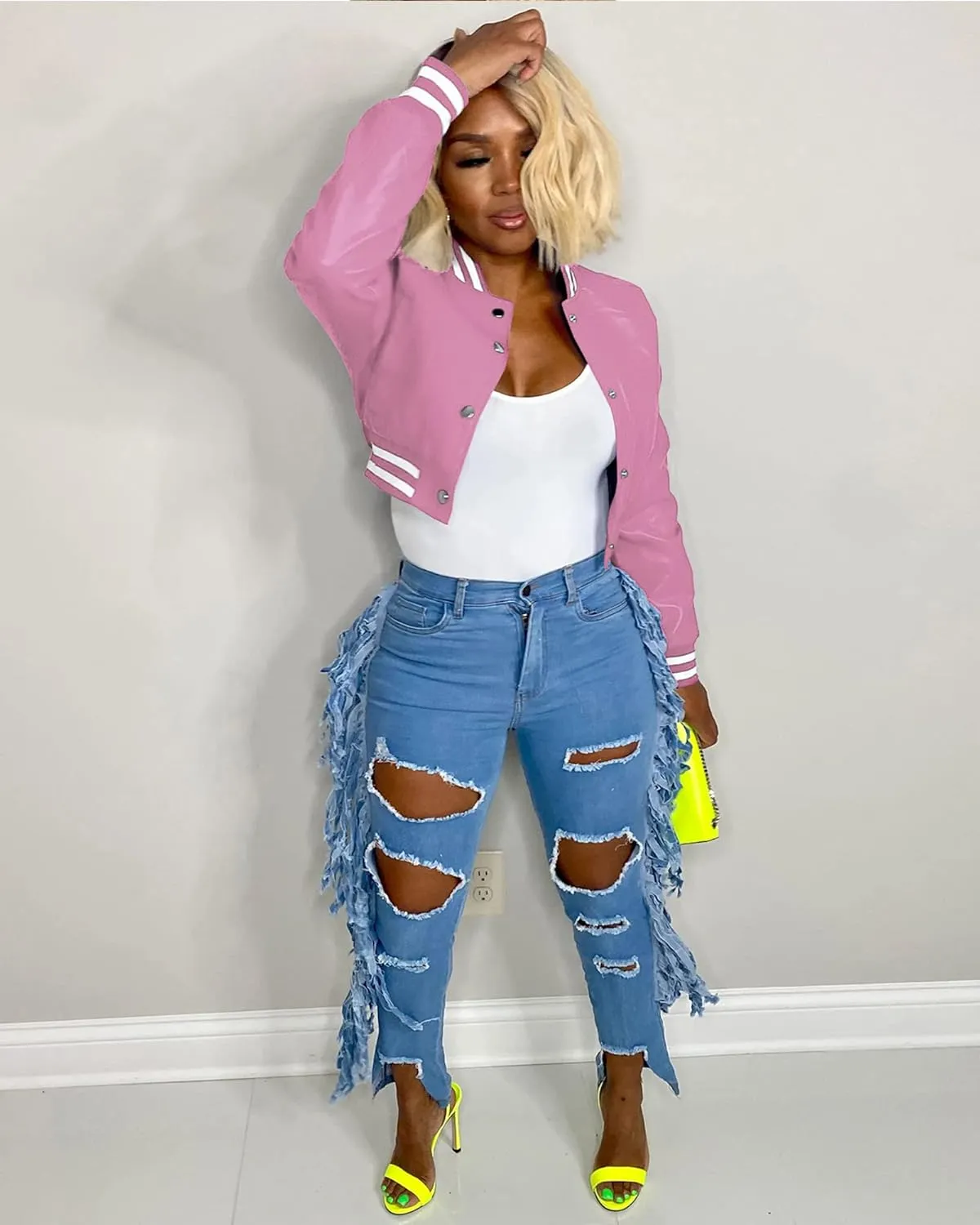 Doweha Women Faux Leather Jacket Light Moto Bomber Jackets Cropped Letterman Baseball Jacket Fall Coat with Pockets