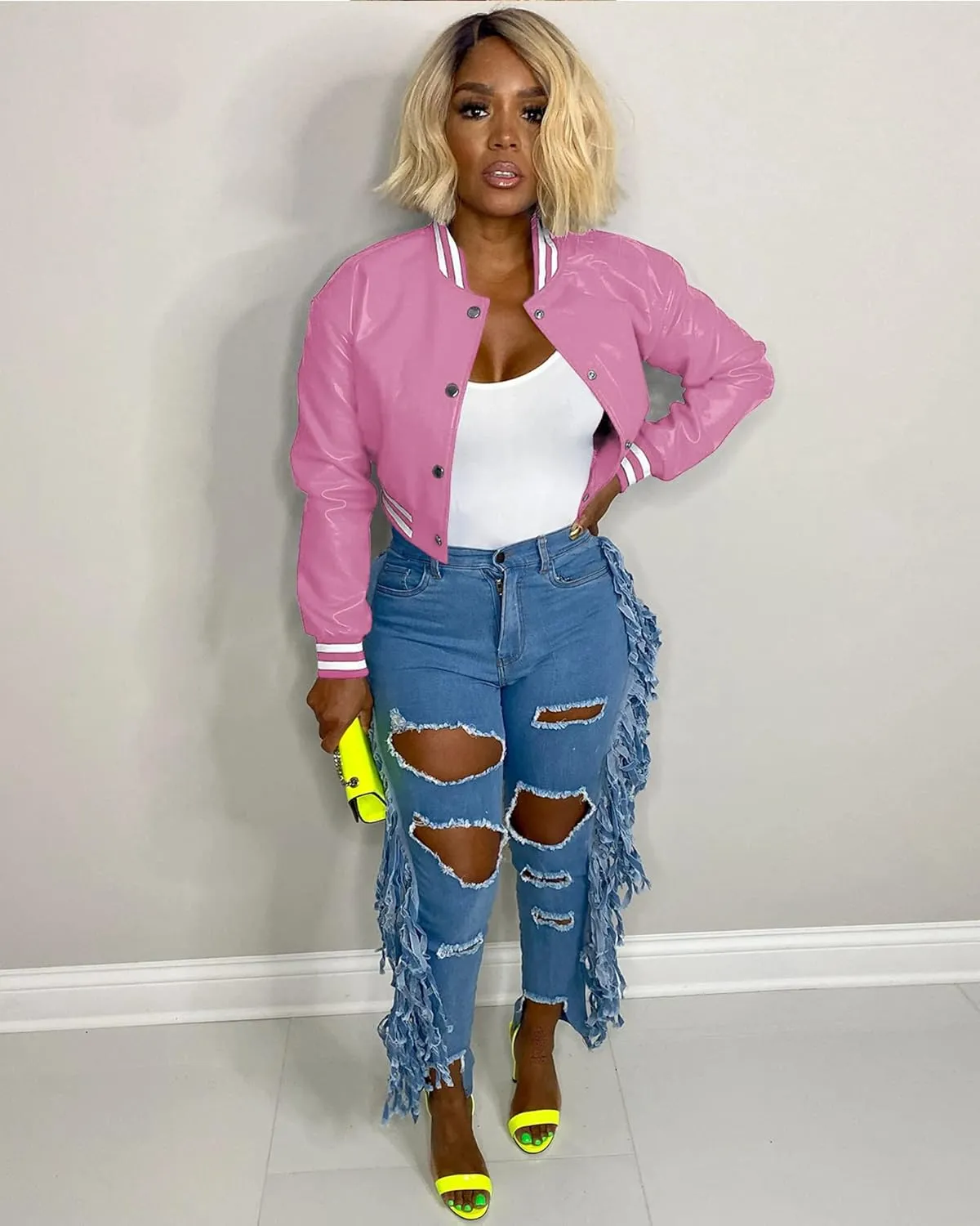 Doweha Women Faux Leather Jacket Light Moto Bomber Jackets Cropped Letterman Baseball Jacket Fall Coat with Pockets