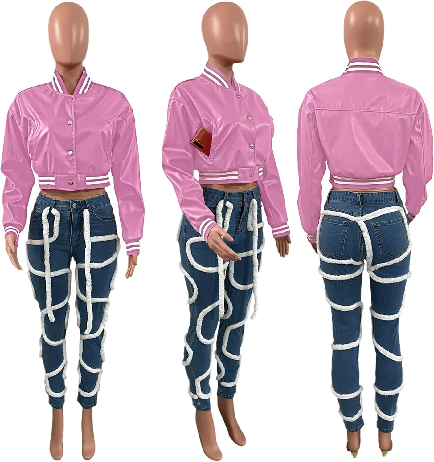 Doweha Women Faux Leather Jacket Light Moto Bomber Jackets Cropped Letterman Baseball Jacket Fall Coat with Pockets