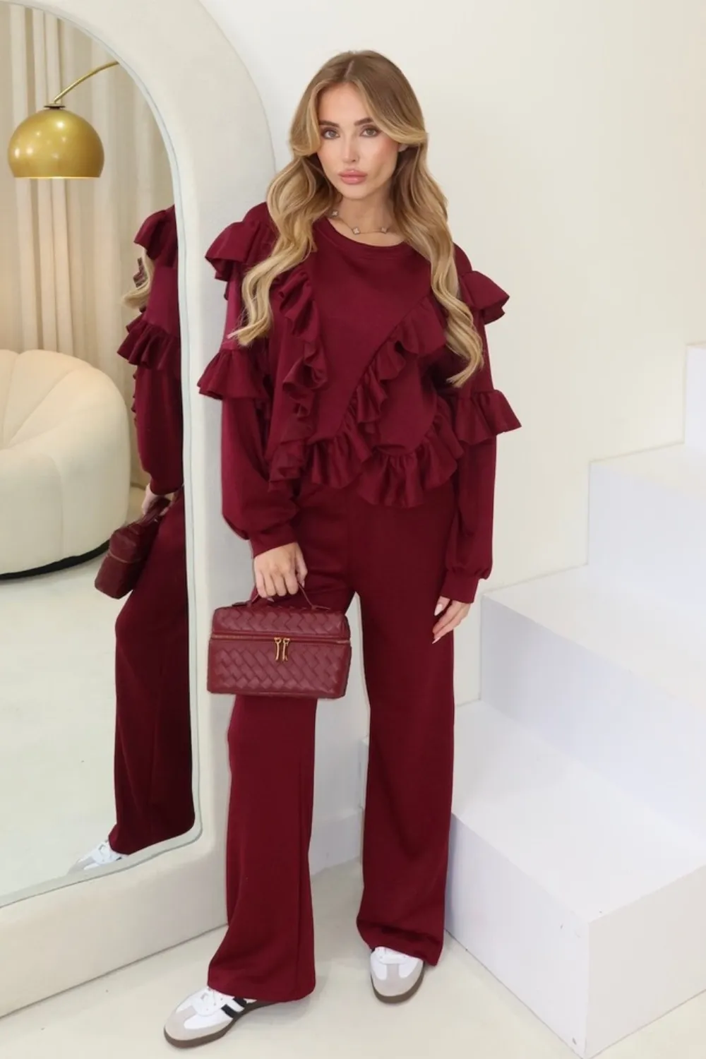 Ella burgundy frilly sweater & straight leg loungewear set
