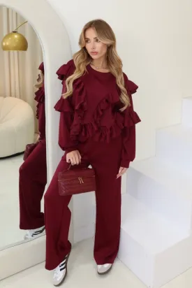 Ella burgundy frilly sweater & straight leg loungewear set