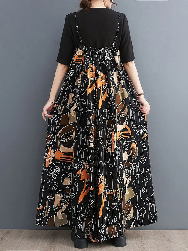 Figure Printed Loose Wide Leg Spaghetti-Neck Overalls