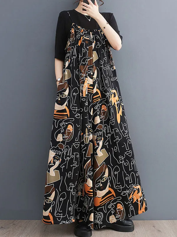Figure Printed Loose Wide Leg Spaghetti-Neck Overalls