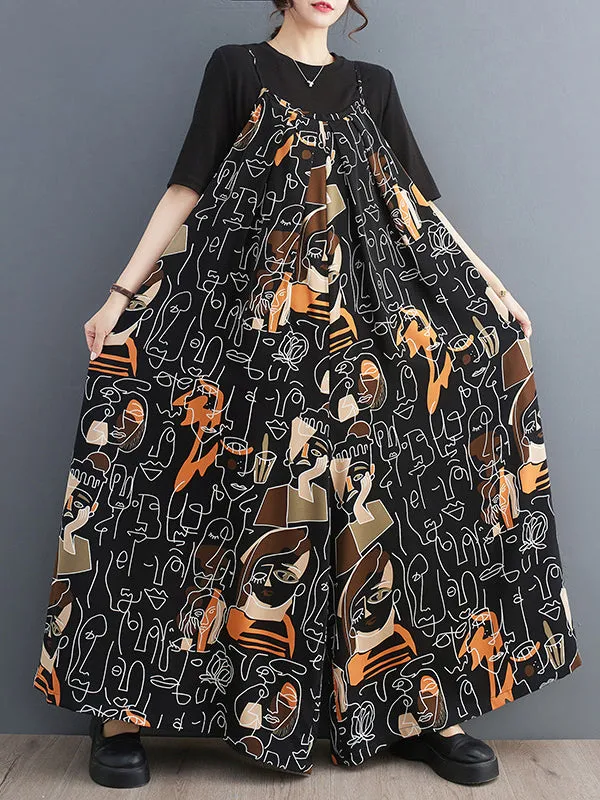 Figure Printed Loose Wide Leg Spaghetti-Neck Overalls