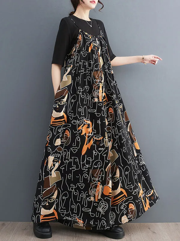 Figure Printed Loose Wide Leg Spaghetti-Neck Overalls