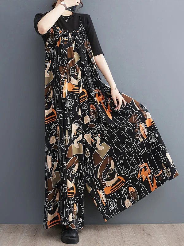 Figure Printed Loose Wide Leg Spaghetti-Neck Overalls
