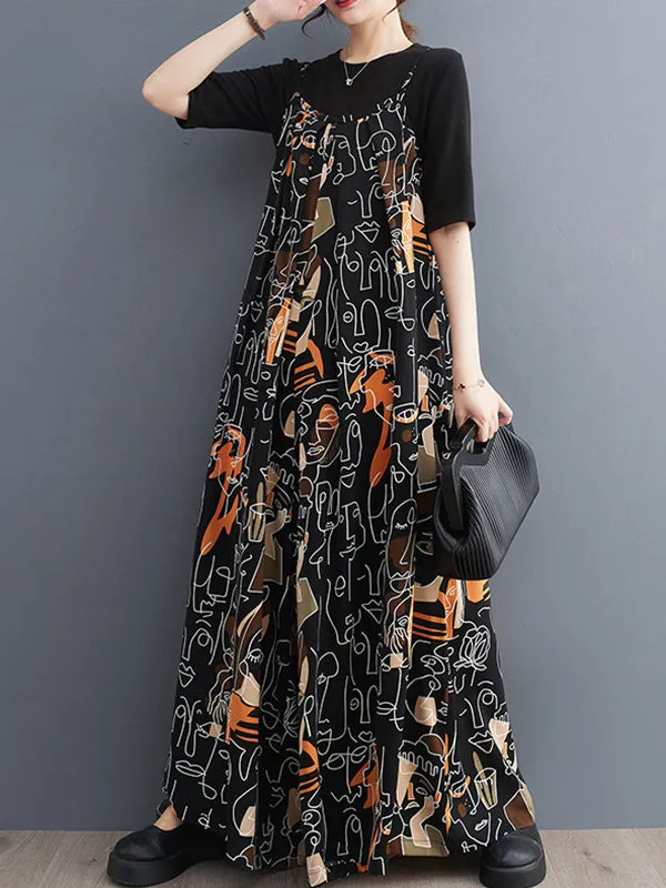 Figure Printed Loose Wide Leg Spaghetti-Neck Overalls