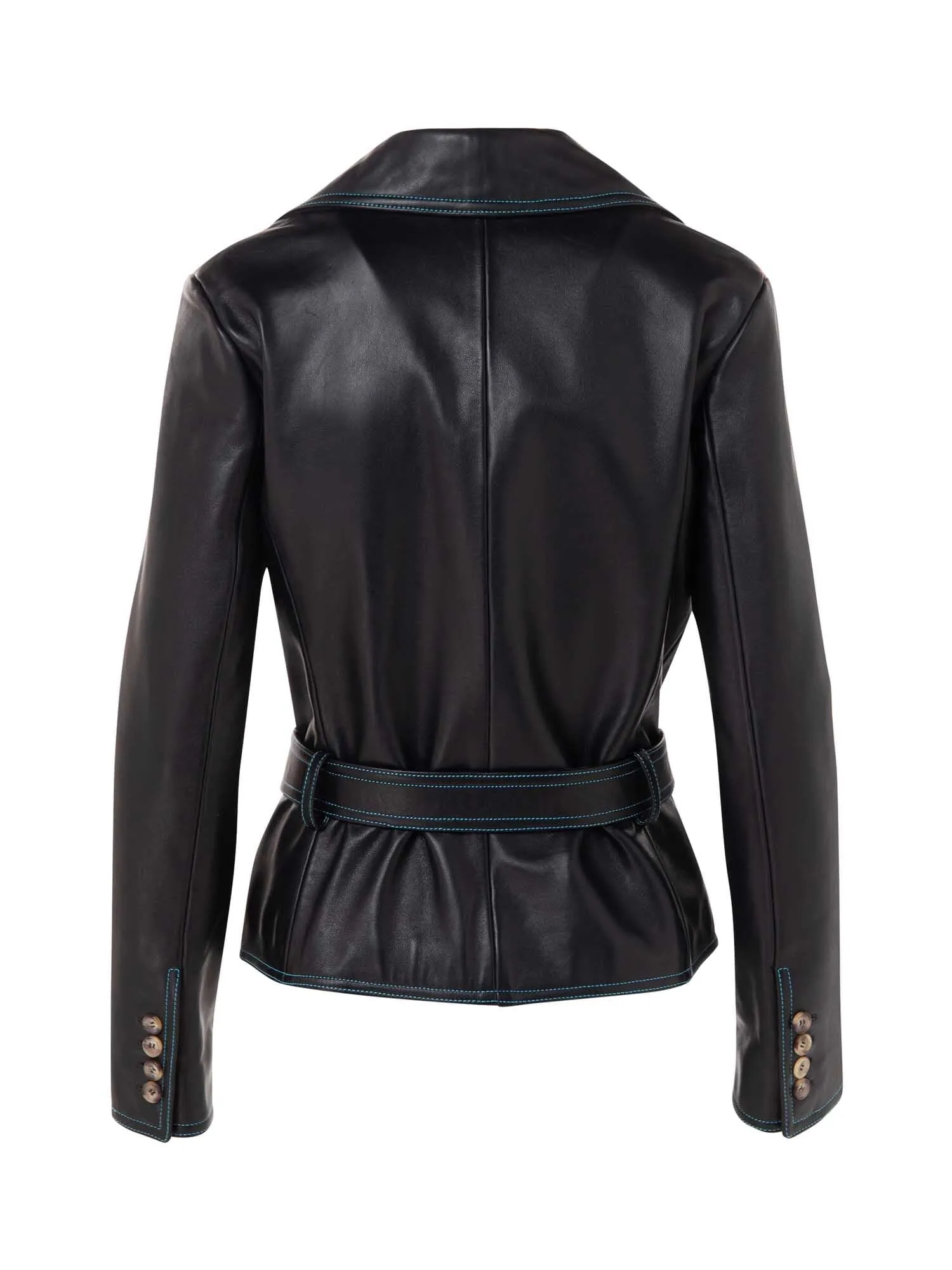 Fitted Leather Jacket With Belt And Front Pockets