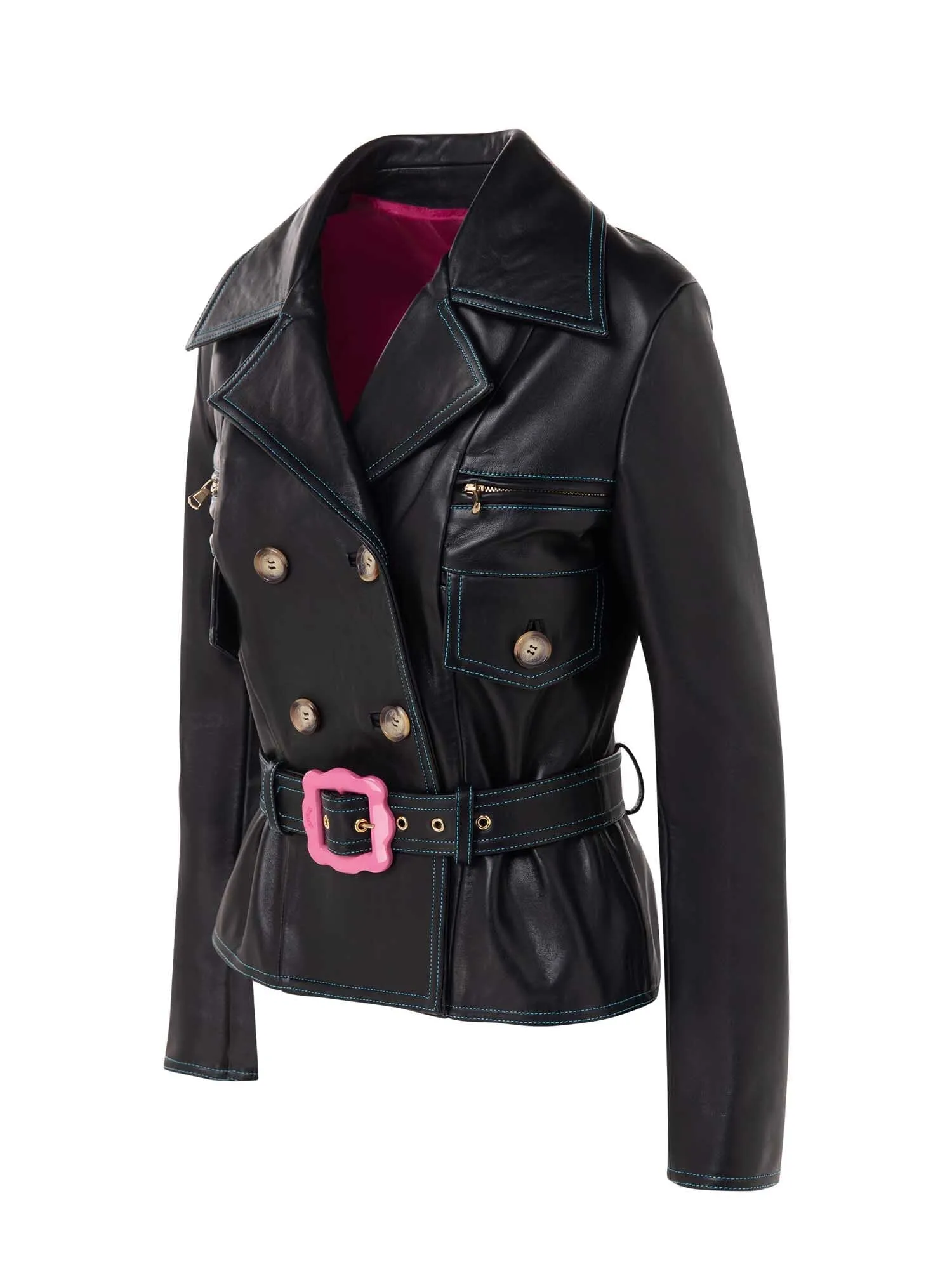 Fitted Leather Jacket With Belt And Front Pockets