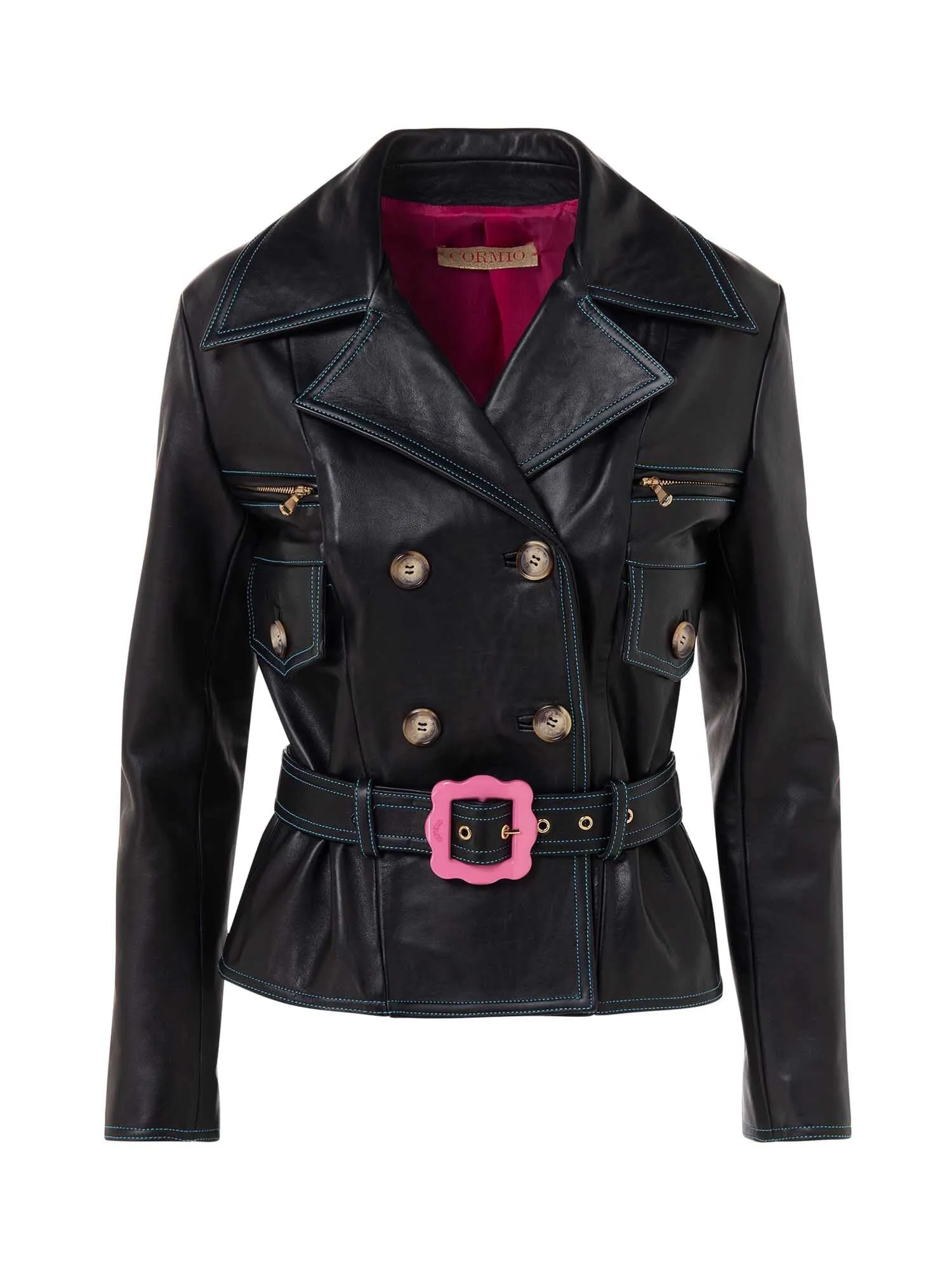 Fitted Leather Jacket With Belt And Front Pockets
