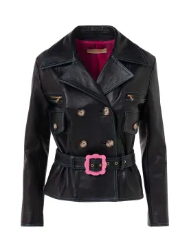 Fitted Leather Jacket With Belt And Front Pockets