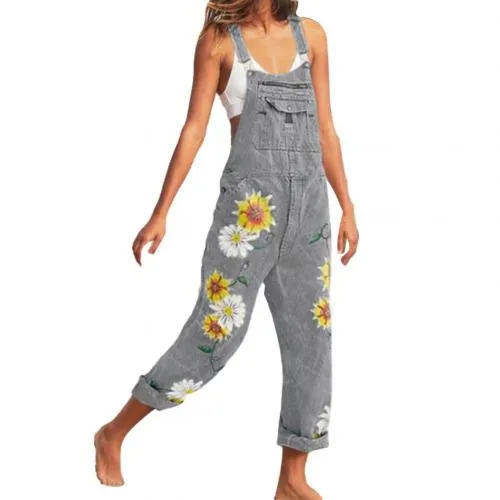 Funki Buys | Pants | Women's Denim Overalls Sunflower Print