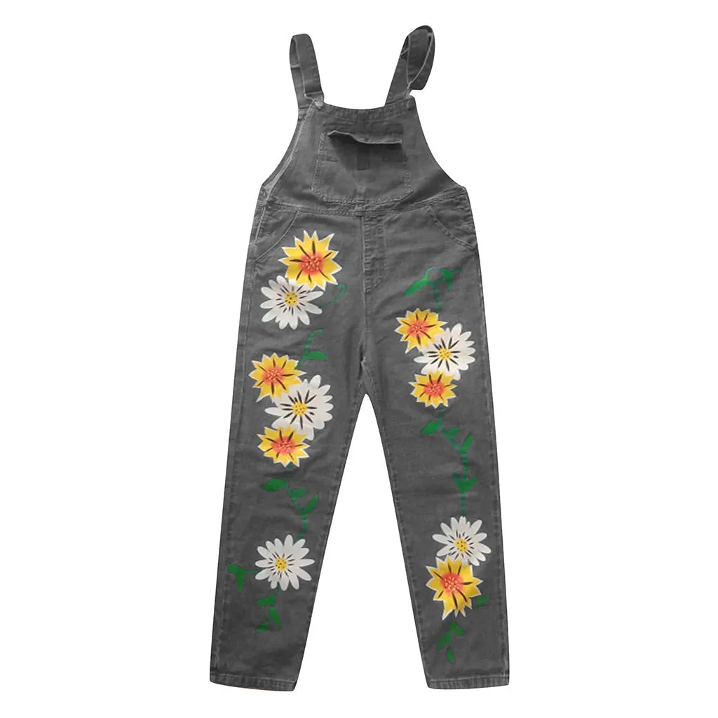 Funki Buys | Pants | Women's Denim Overalls Sunflower Print
