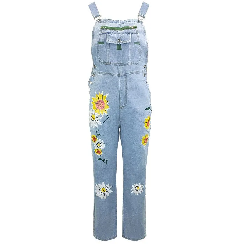 Funki Buys | Pants | Women's Denim Overalls Sunflower Print
