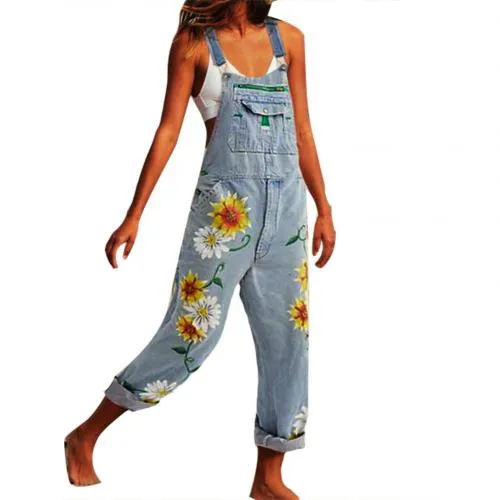Funki Buys | Pants | Women's Denim Overalls Sunflower Print
