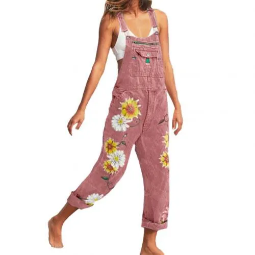 Funki Buys | Pants | Women's Denim Overalls Sunflower Print