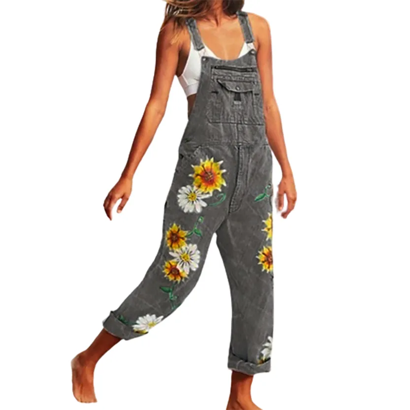 Funki Buys | Pants | Women's Denim Overalls Sunflower Print