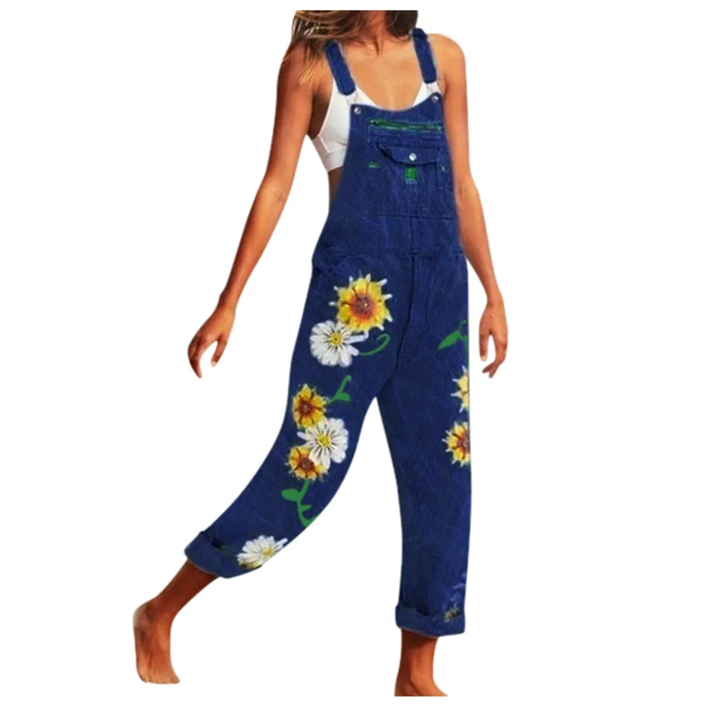 Funki Buys | Pants | Women's Denim Overalls Sunflower Print