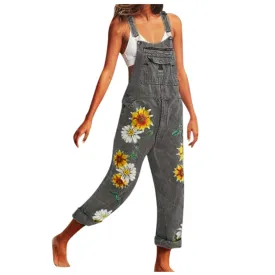 Funki Buys | Pants | Women's Denim Overalls Sunflower Print