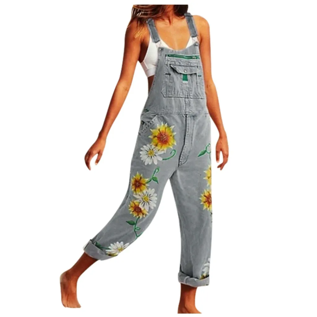 Funki Buys | Pants | Women's Denim Overalls Sunflower Print
