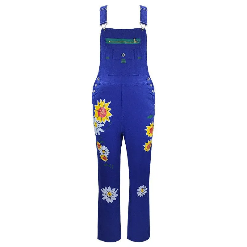 Funki Buys | Pants | Women's Denim Overalls Sunflower Print