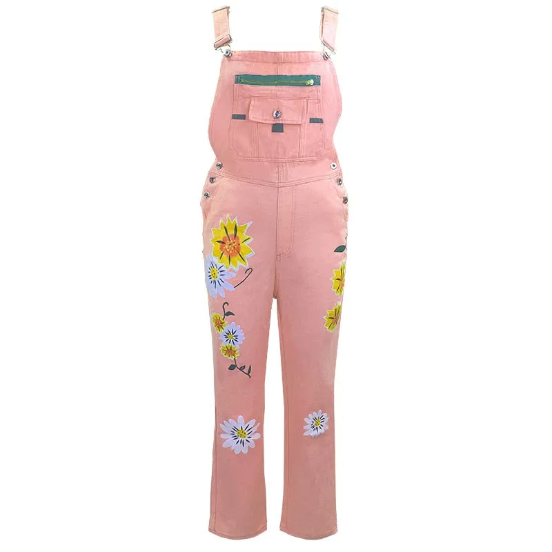 Funki Buys | Pants | Women's Denim Overalls Sunflower Print