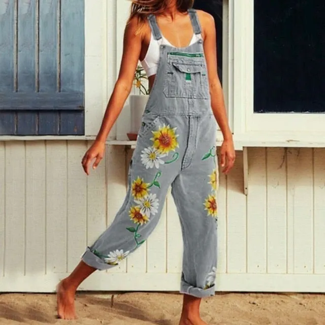 Funki Buys | Pants | Women's Denim Overalls Sunflower Print