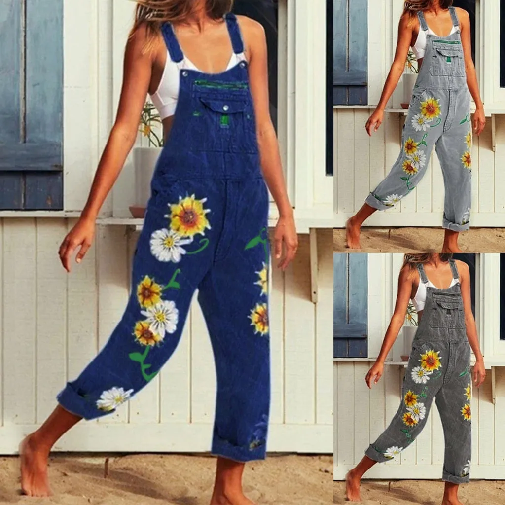 Funki Buys | Pants | Women's Denim Overalls Sunflower Print