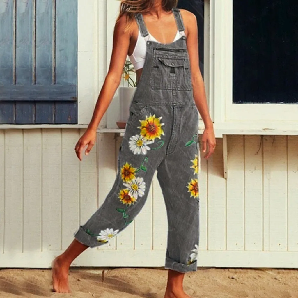 Funki Buys | Pants | Women's Denim Overalls Sunflower Print