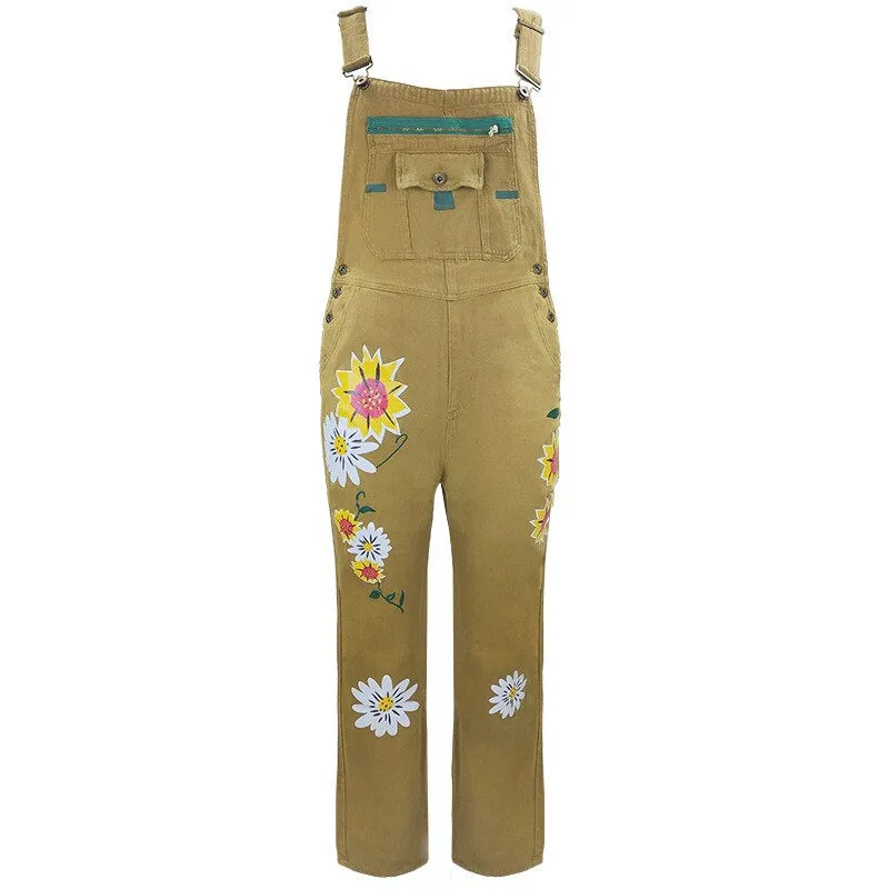 Funki Buys | Pants | Women's Denim Overalls Sunflower Print