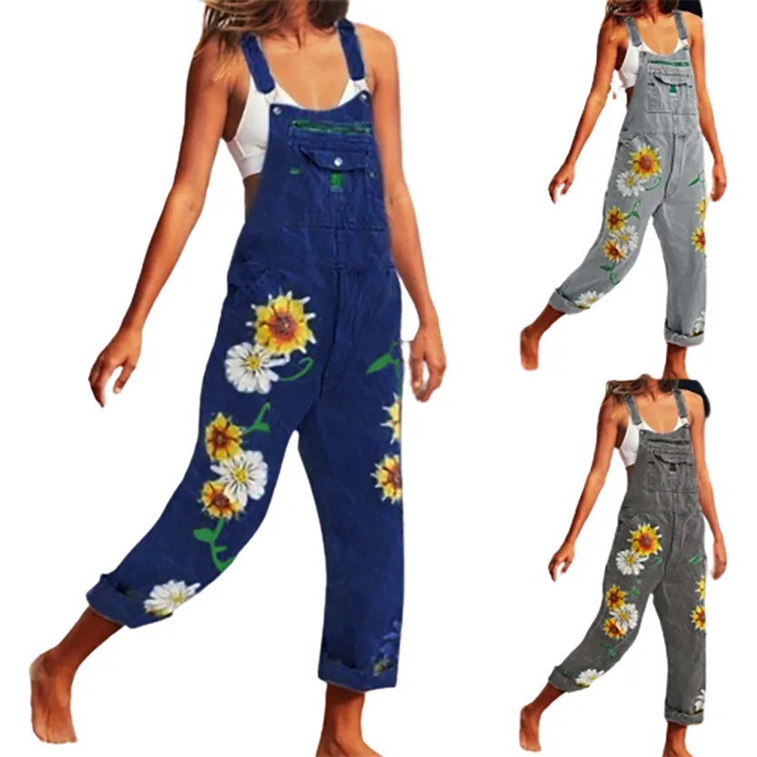 Funki Buys | Pants | Women's Denim Overalls Sunflower Print